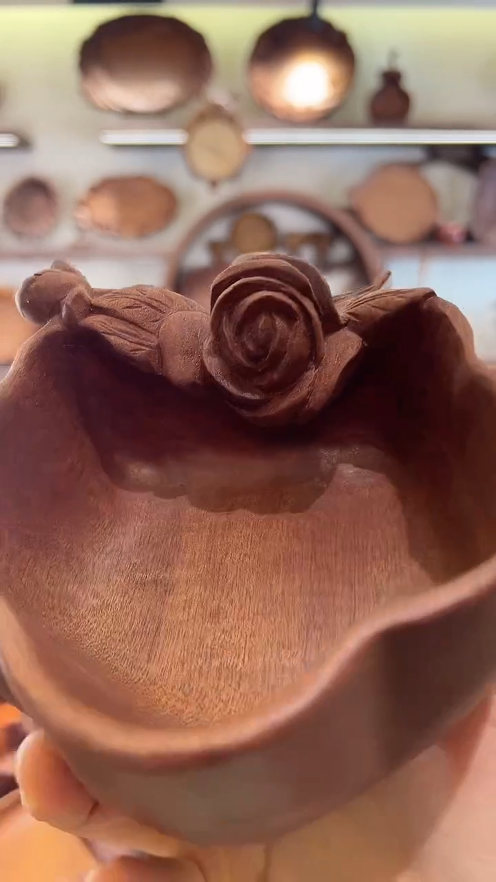 乌木类木雕款玫瑰花手柄碗