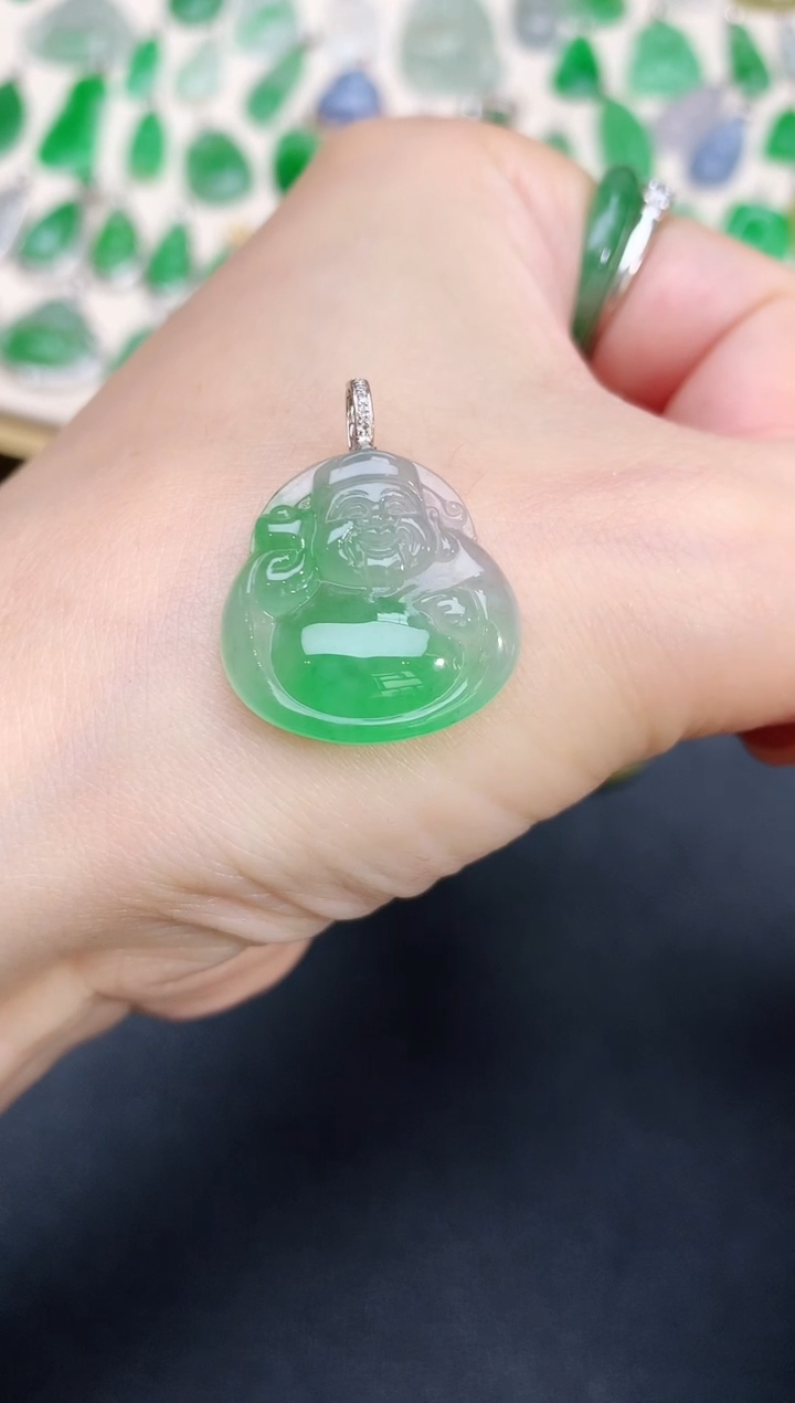 翡翠18K金镶嵌吊坠(不含链)88财神|2980+0