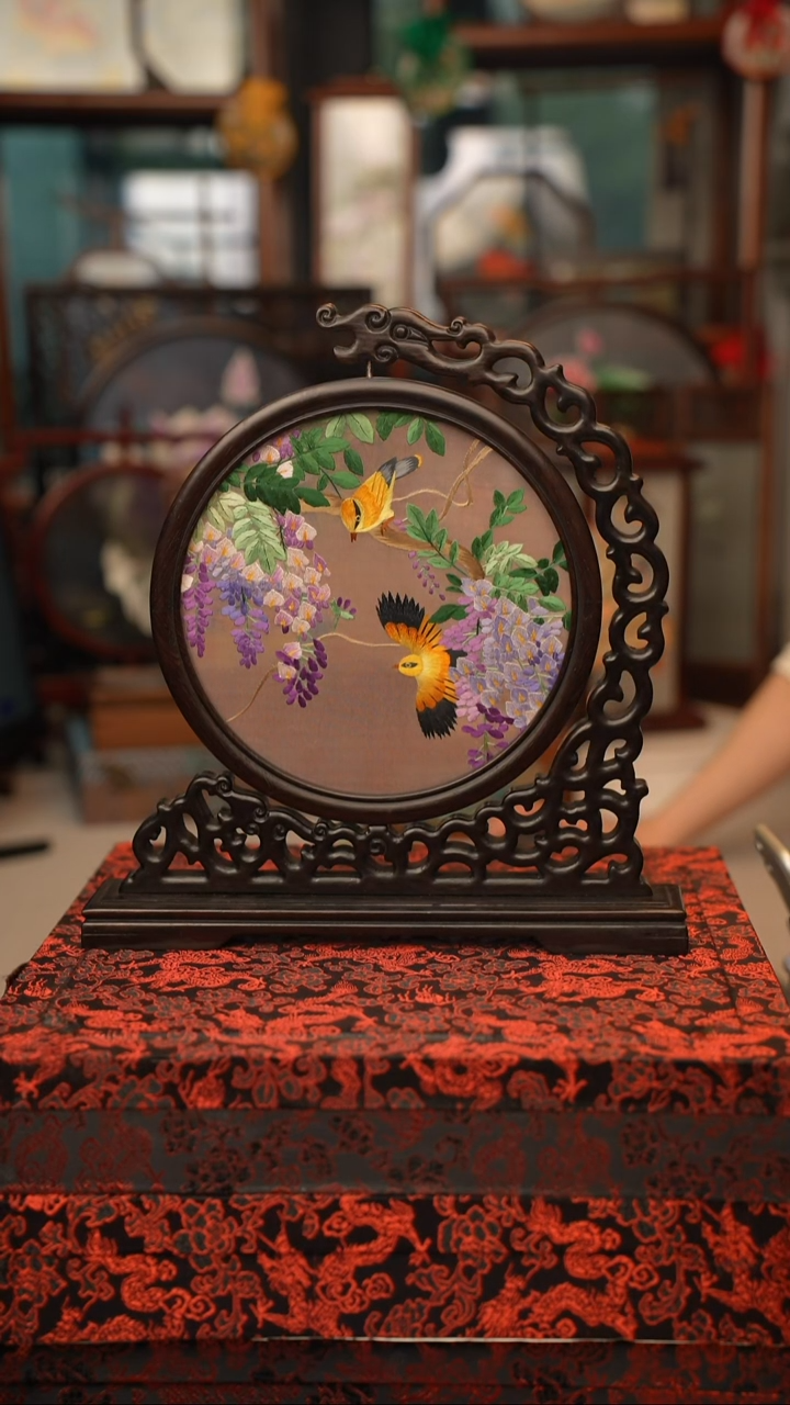 扇子龙头架 苏绣双面绣摆台