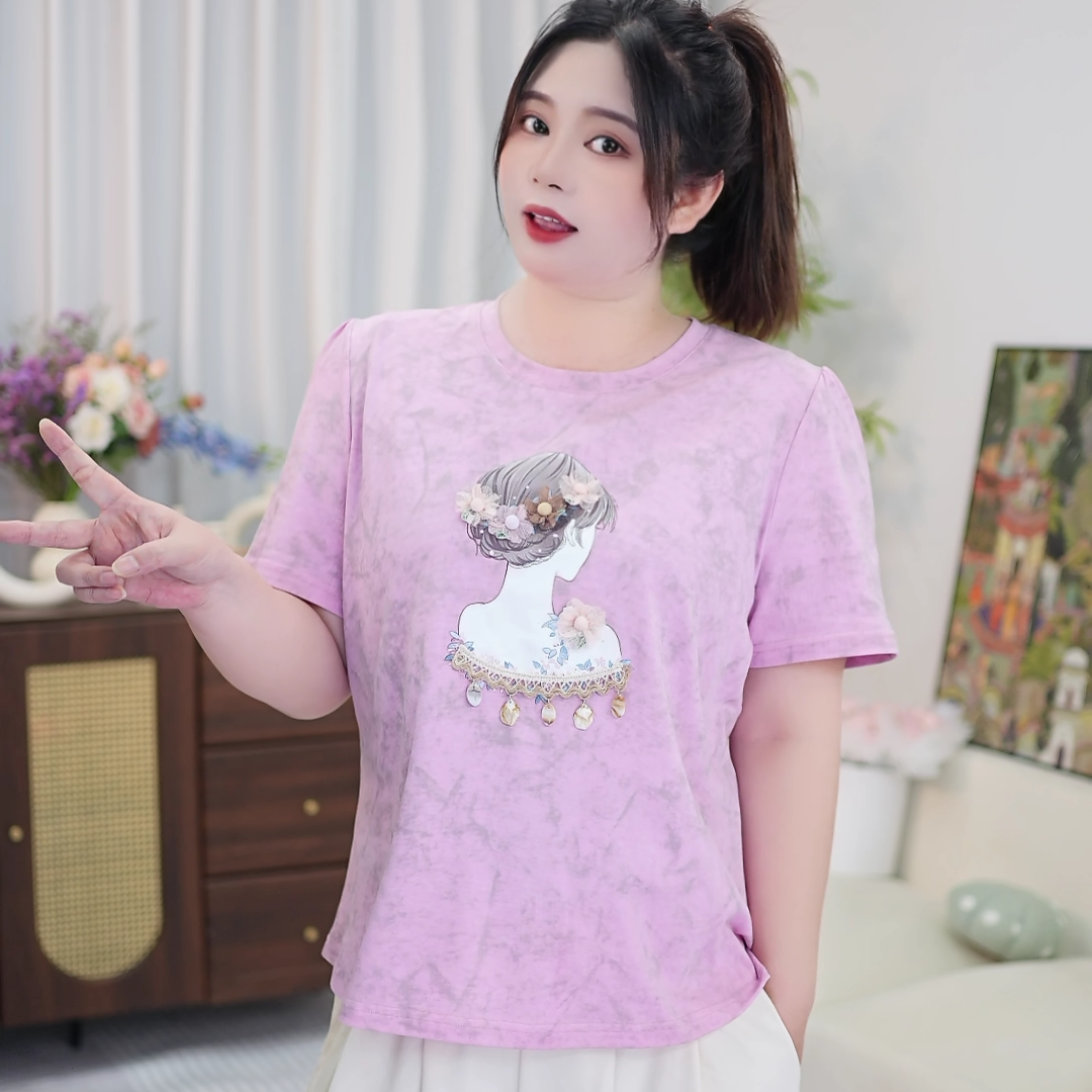 大码女装扎染短袖卡通动漫印花圆领T恤宽松时尚运动女士半袖x607