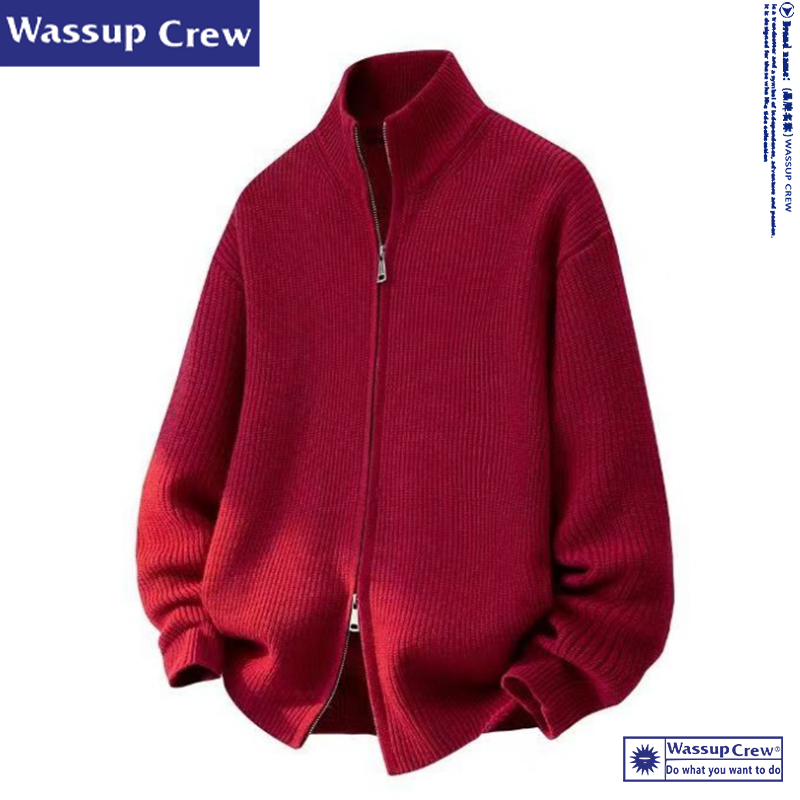 WASSUP CREW 日系休闲红色潮流毛衣男春季百搭时尚开衫针织衫女