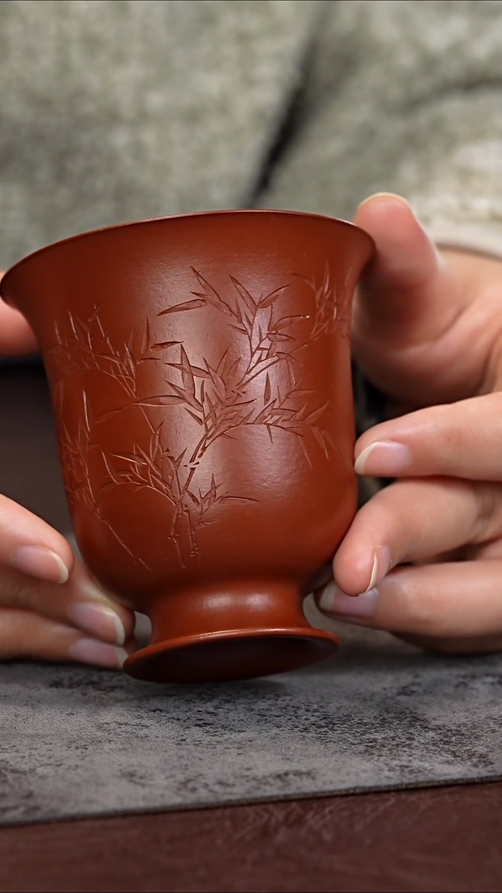 茶杯紫泥朱泥刻绘竹子