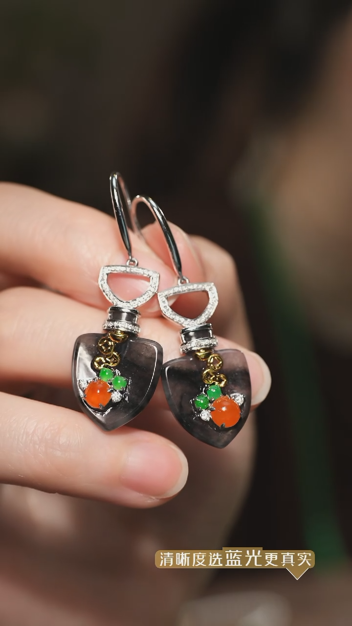 【闪购商品】翡翠耳坠18K金镶嵌三彩翡翠设计款耳坠