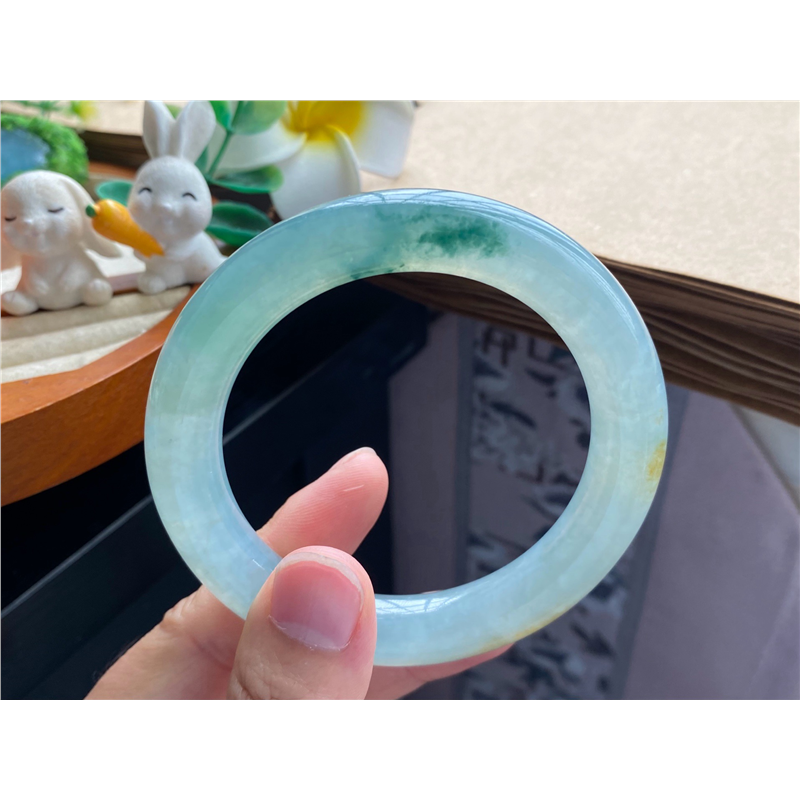 天然翡翠10.03批冰黄飘花圆条8854号57-11.4-10.9天然翡翠手镯