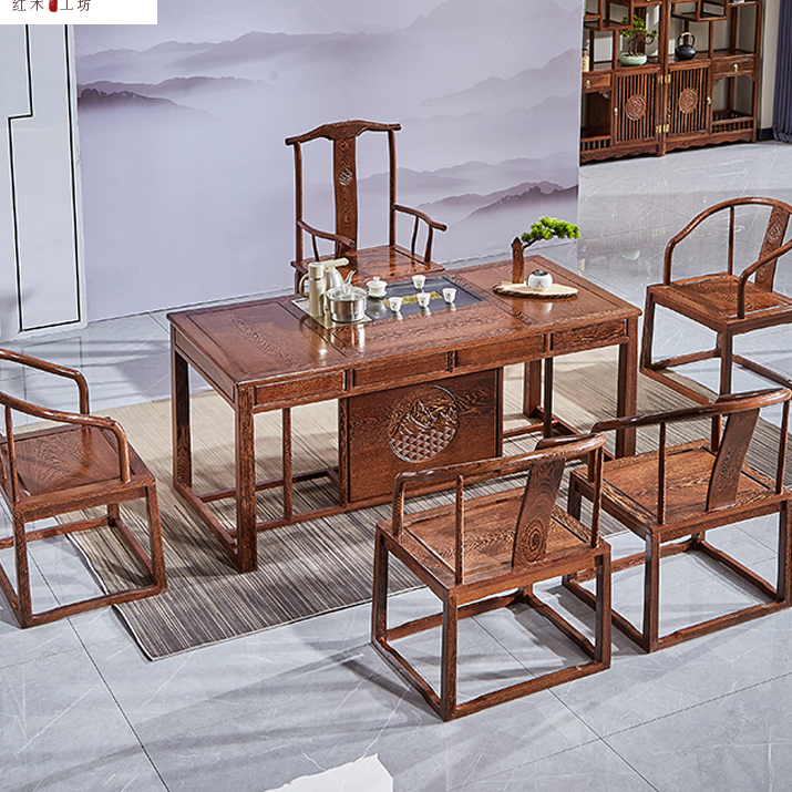 国标鸡翅木茶桌椅组合红木泡茶桌功夫茶几会客家用办公室实木茶台