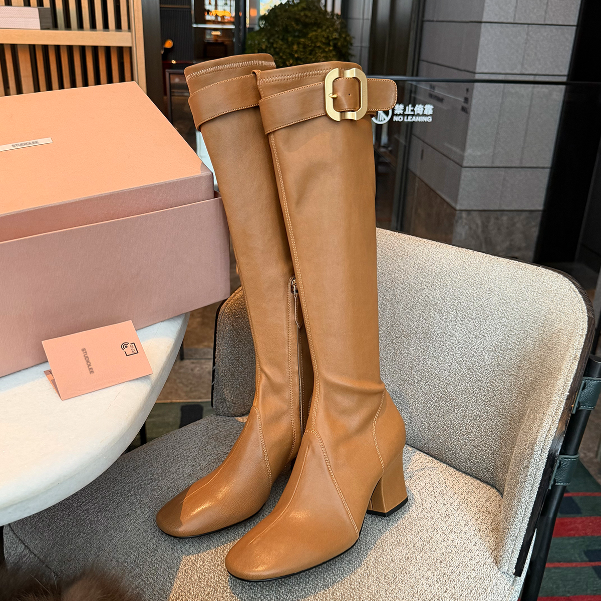 张元英同款时装靴秋冬百搭高跟圆头金扣不过膝女靴高筒靴长筒粗跟