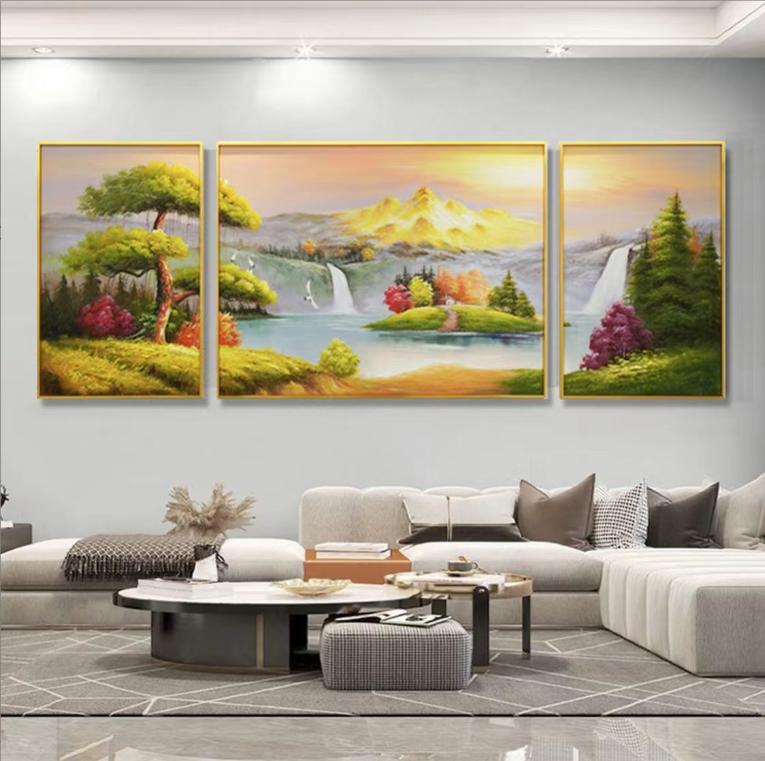 SF 6 《日照金山》手工油画装饰画客厅三联画沙发轻肌理油画