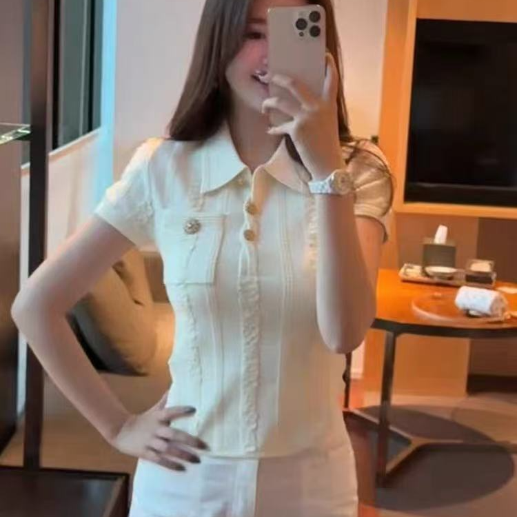 静奢风毛针织衫复古小雏菊夏季女气质短袖衬衫设计感