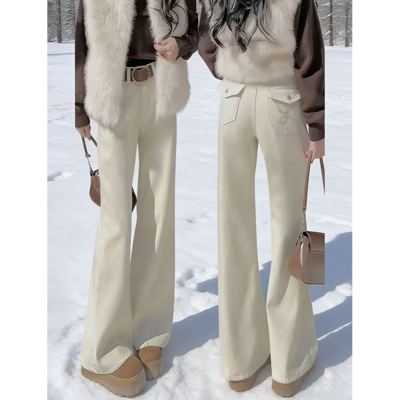 冬季韩系加绒保暖显瘦翻盖杏色牛仔喇叭裤B3145/3141