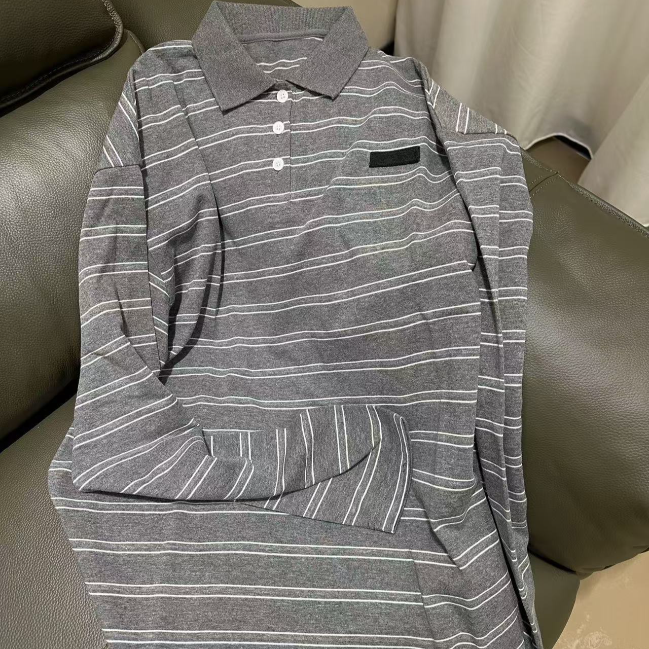 宽松【灰色条纹POLO长袖】男女同龄D28066