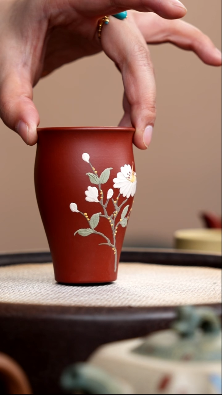 茶壶紫砂朱泥闻香杯泥绘白花