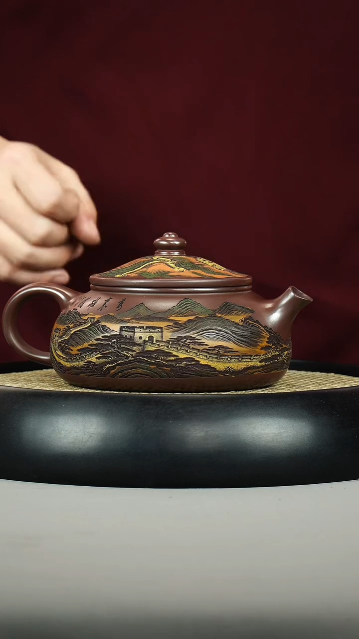 茶壶紫砂石红 大寒江 彩刻 长城
