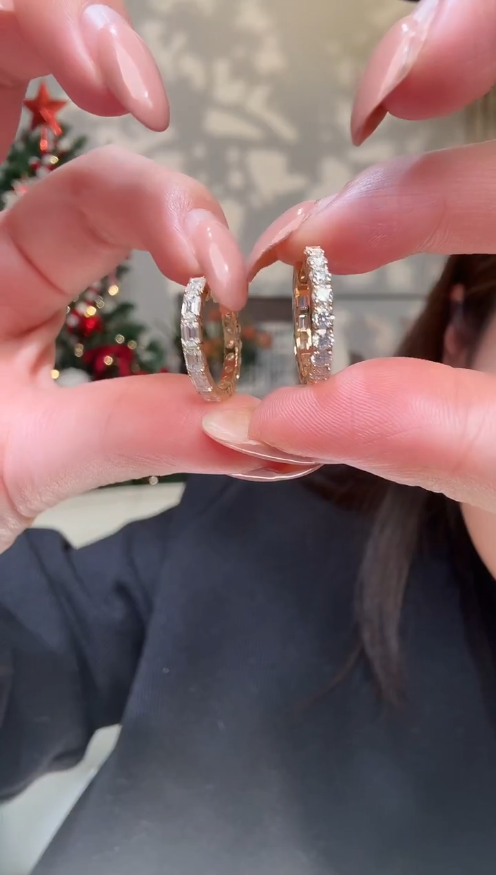 18K金镶嵌实验室培育钻石耳饰@@耳圈黄圆形+祖切双戴15MM