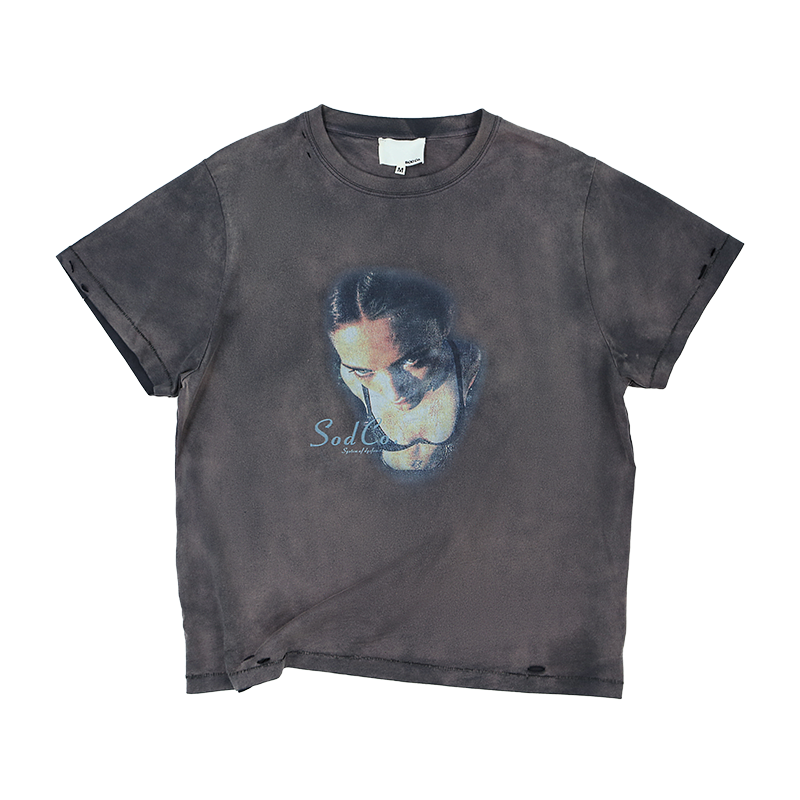 SOD Co. 做旧水洗T恤“Deftones”灰紫色 仿旧破坏复古纯棉短袖