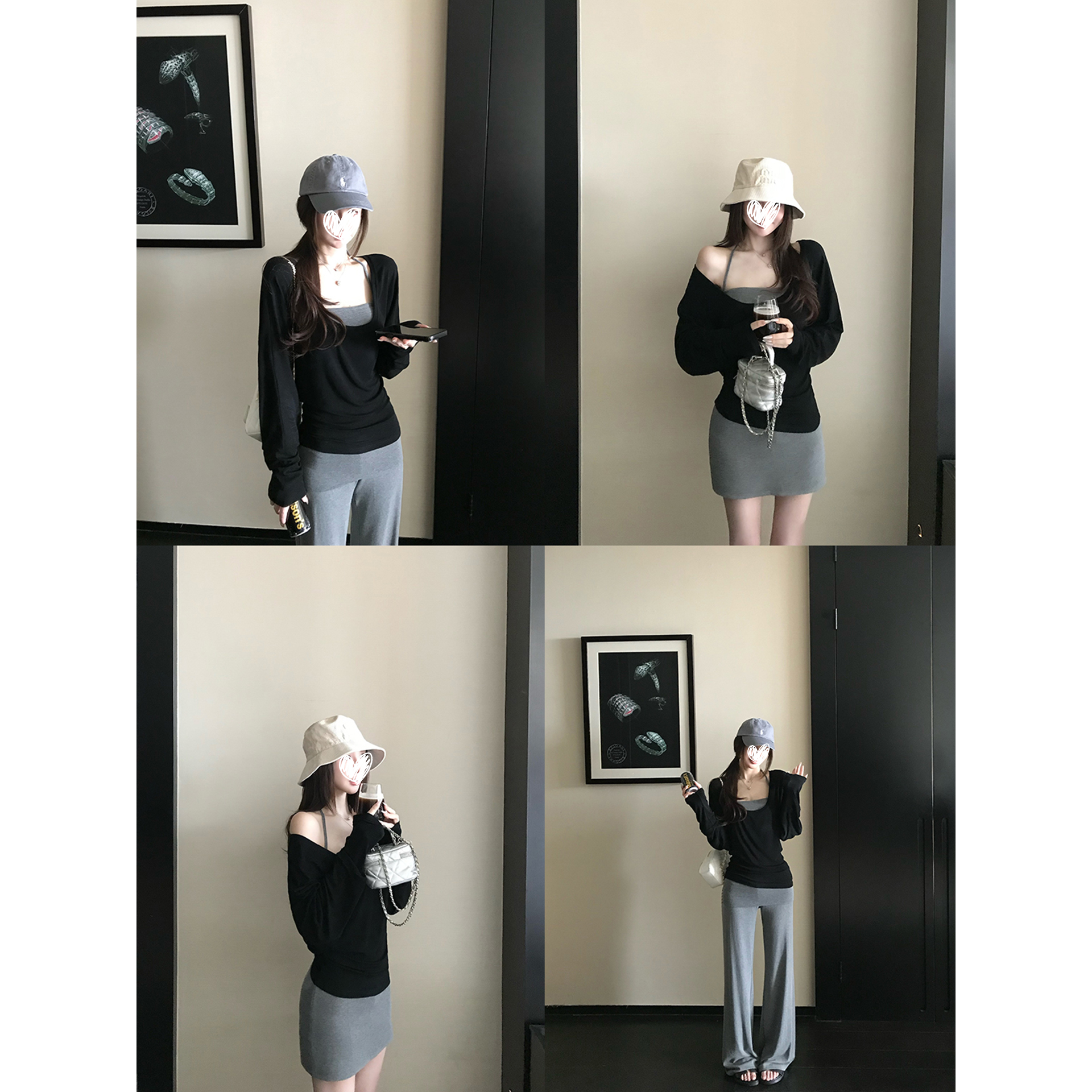 纯欲慵懒风女装长袖罩衫内搭吊带背心高腰包臀裙翻边直筒休闲裤