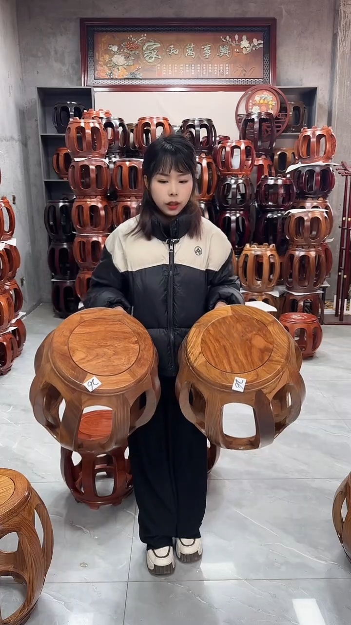 【闪购商品】花梨木类家具原木色大号鼓凳一对26号