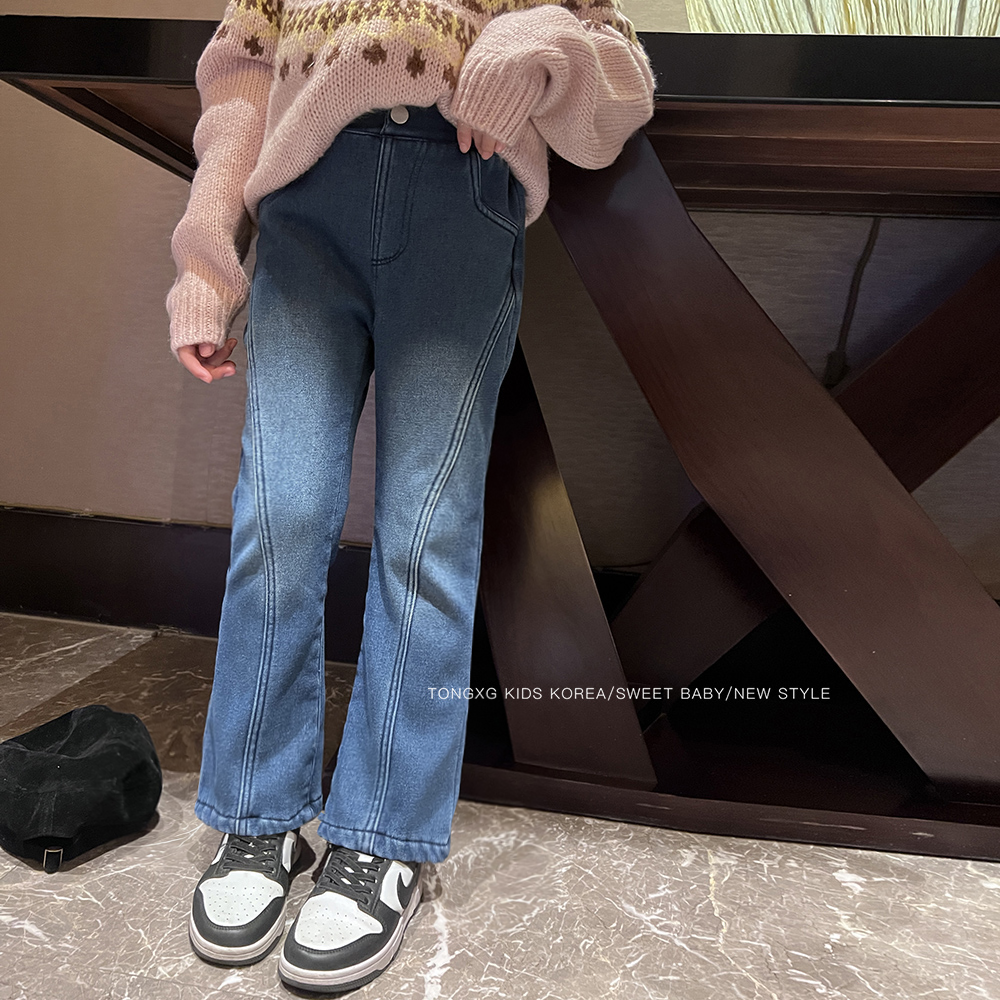 潼小乖定制女童中大童休闲裤子奥利绒蓝色牛仔裤微喇裤子5k035