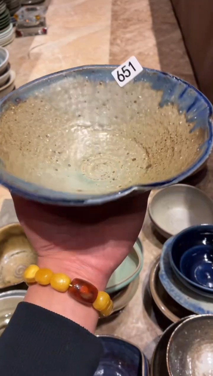 瓷片瑶**烤651粗陶苏打蓝手工斗笠面碗1个