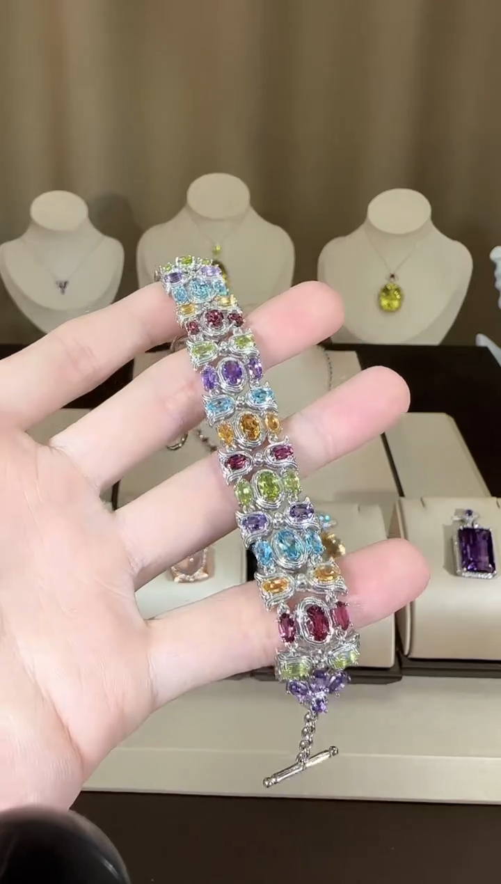 【闪购商品】水晶手链银S925镶嵌15mm多彩宝石高级款