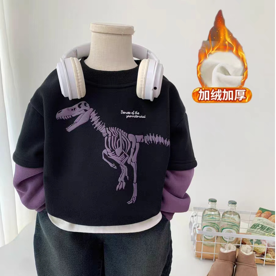 男童加绒假两件卫衣秋冬一体绒上衣2025新款儿童卡通恐龙套头衫潮