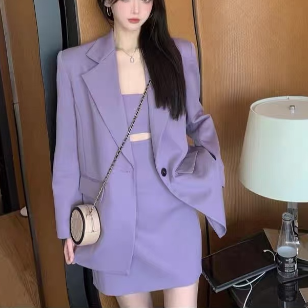 【高品质】大码早春西服两件套吊带连衣裙+西服外套
