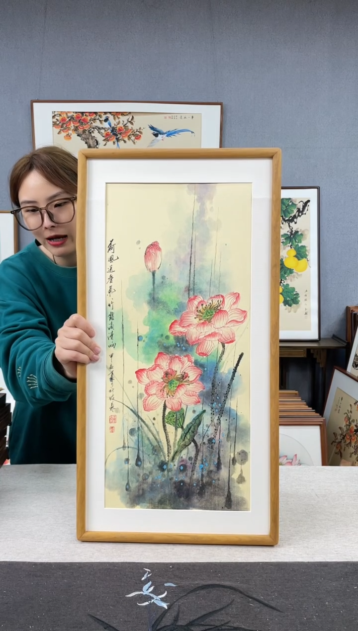 【闪购商品】国画王嘉诚-手绘带框作品-35*68- 荷花