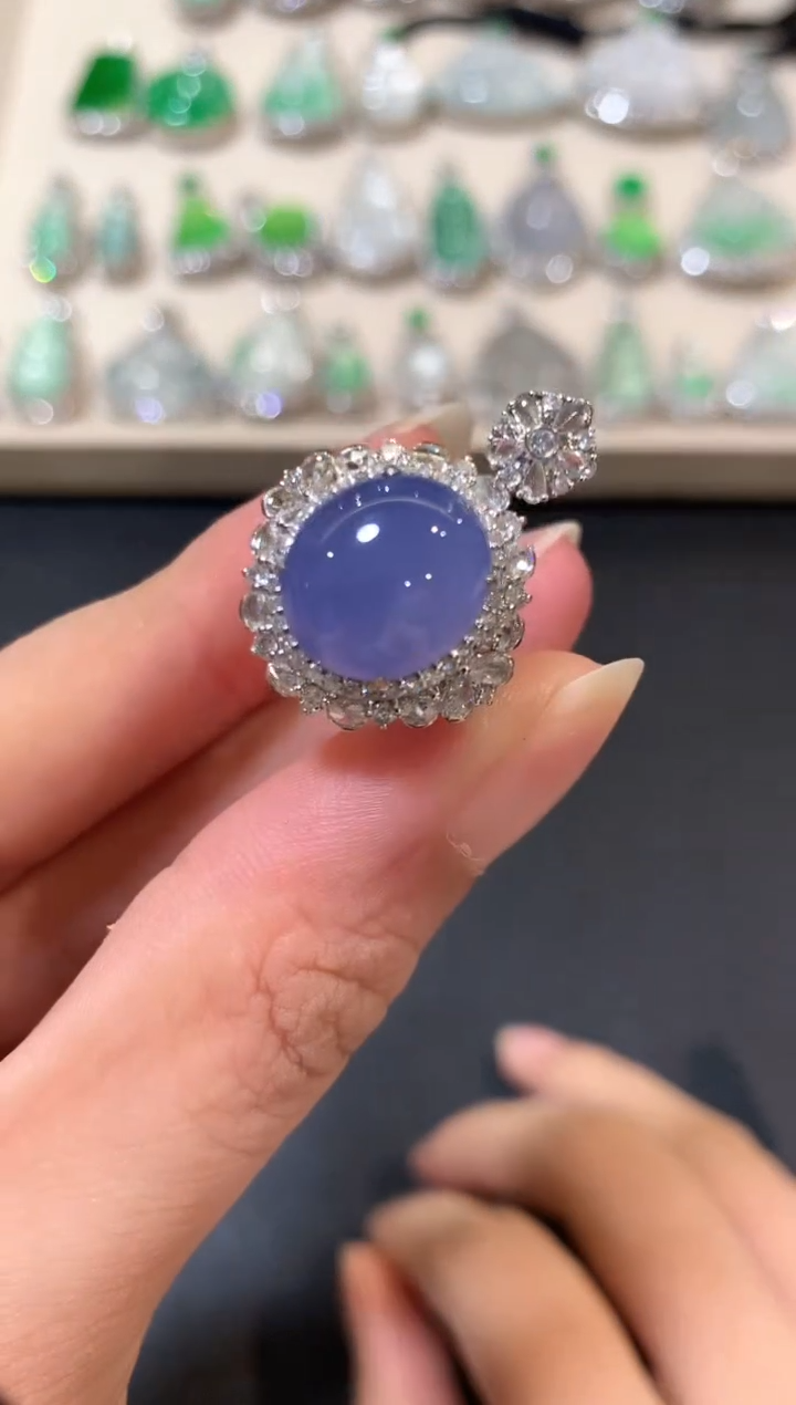 翡翠戒指18K金镶嵌b196紫色有色差