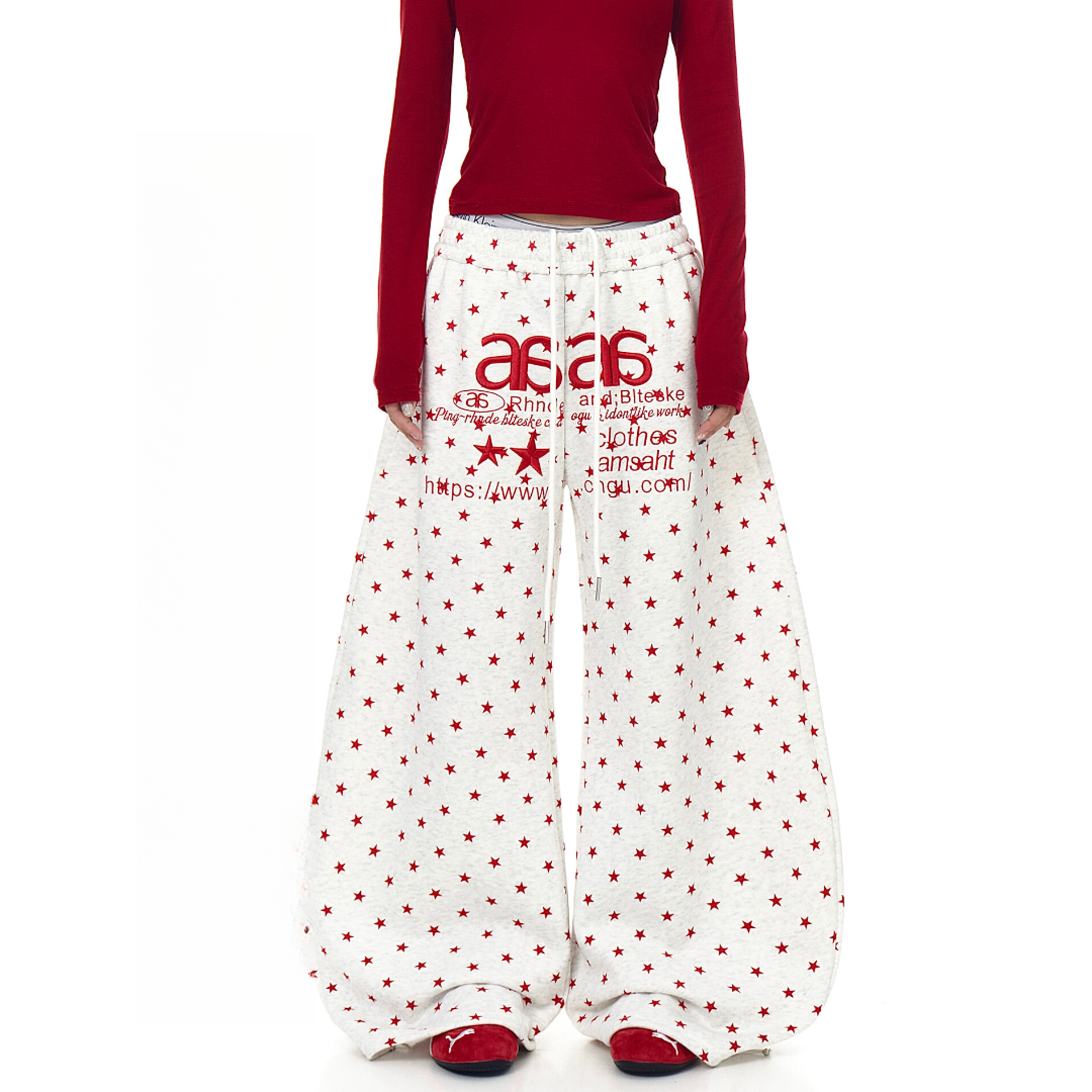 美式潮牌星星满印刺绣字母直筒卫裤女秋冬新款跳舞宽松阔腿休闲裤