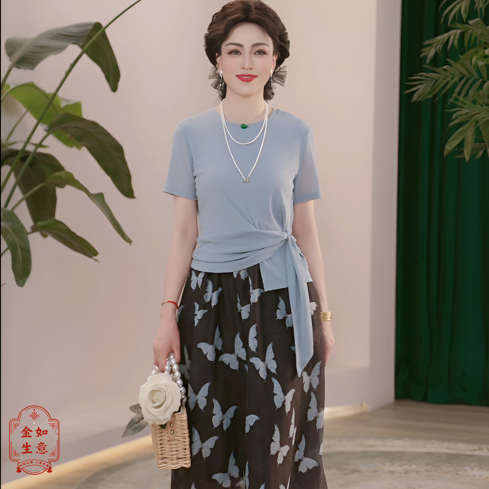 40岁时尚妈妈夏装套装连衣裙收腰显瘦中老年人妇女夏季裙子两件套