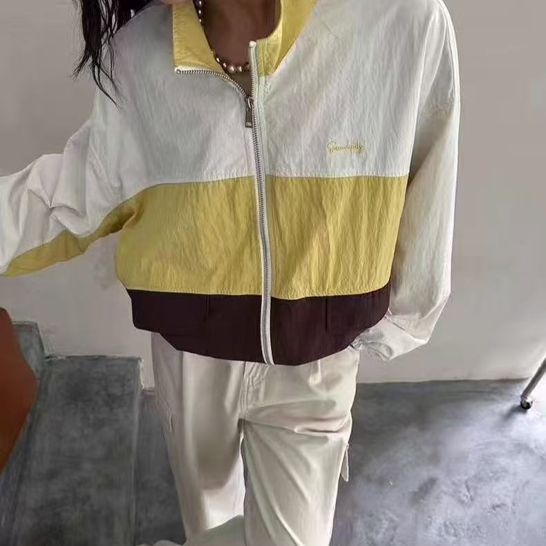 Y738杏拼三色立领防晒衣609风