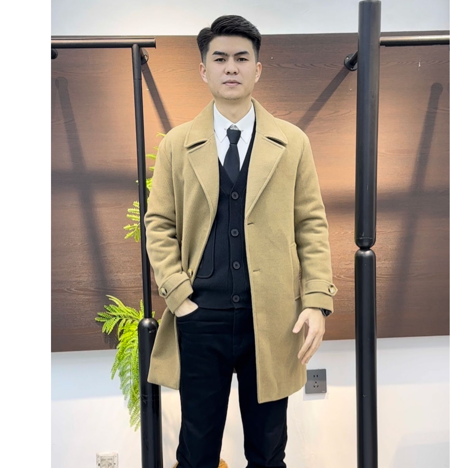 冬季纯色修身型中长款毛呢大衣时尚呢子秋冬外套男士6867