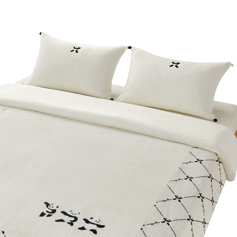 tbh/野兽派家居熊猫嘭嘭法兰绒打太极提花四件套加厚保暖秋冬套件