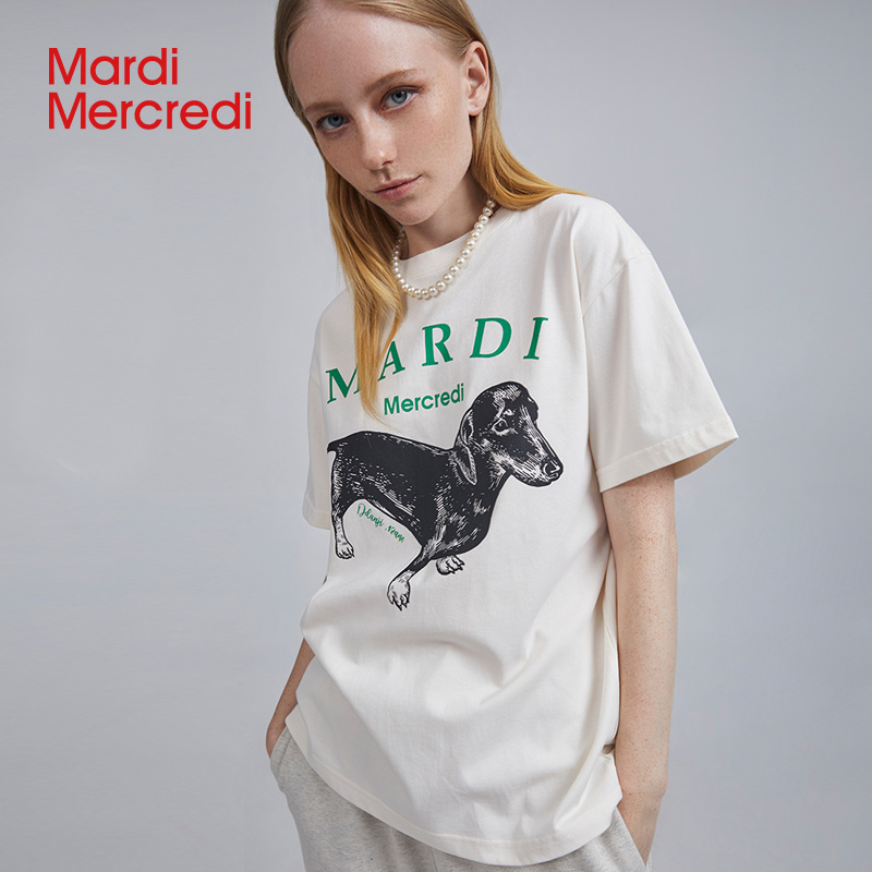 【MardiMercredi】腊肠狗字母印花粉色t恤纯棉宽松时尚MM
