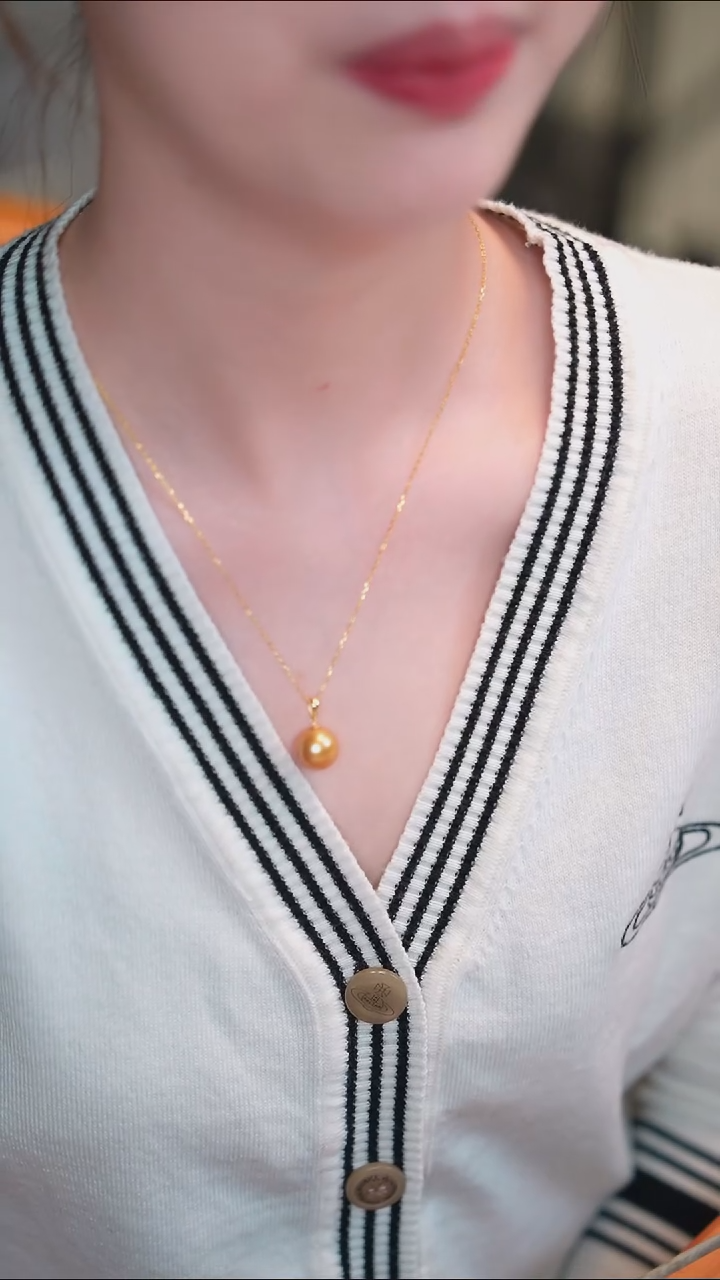 18K金镶嵌海水珍珠吊坠(不含链)金珠瓜子扣吊坠11-12MM