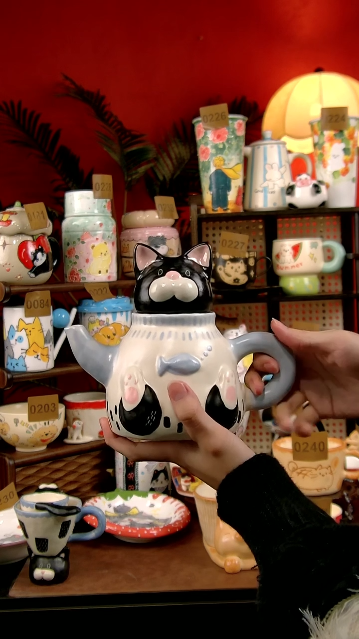 壶瓷DIY景德镇陶瓷手工创意卡通风猫猫壶