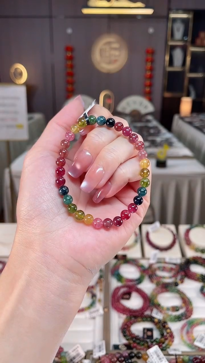 未镶嵌透体老矿碧玺彩虹单圈手串6mm+碧玺hon多样性发一条