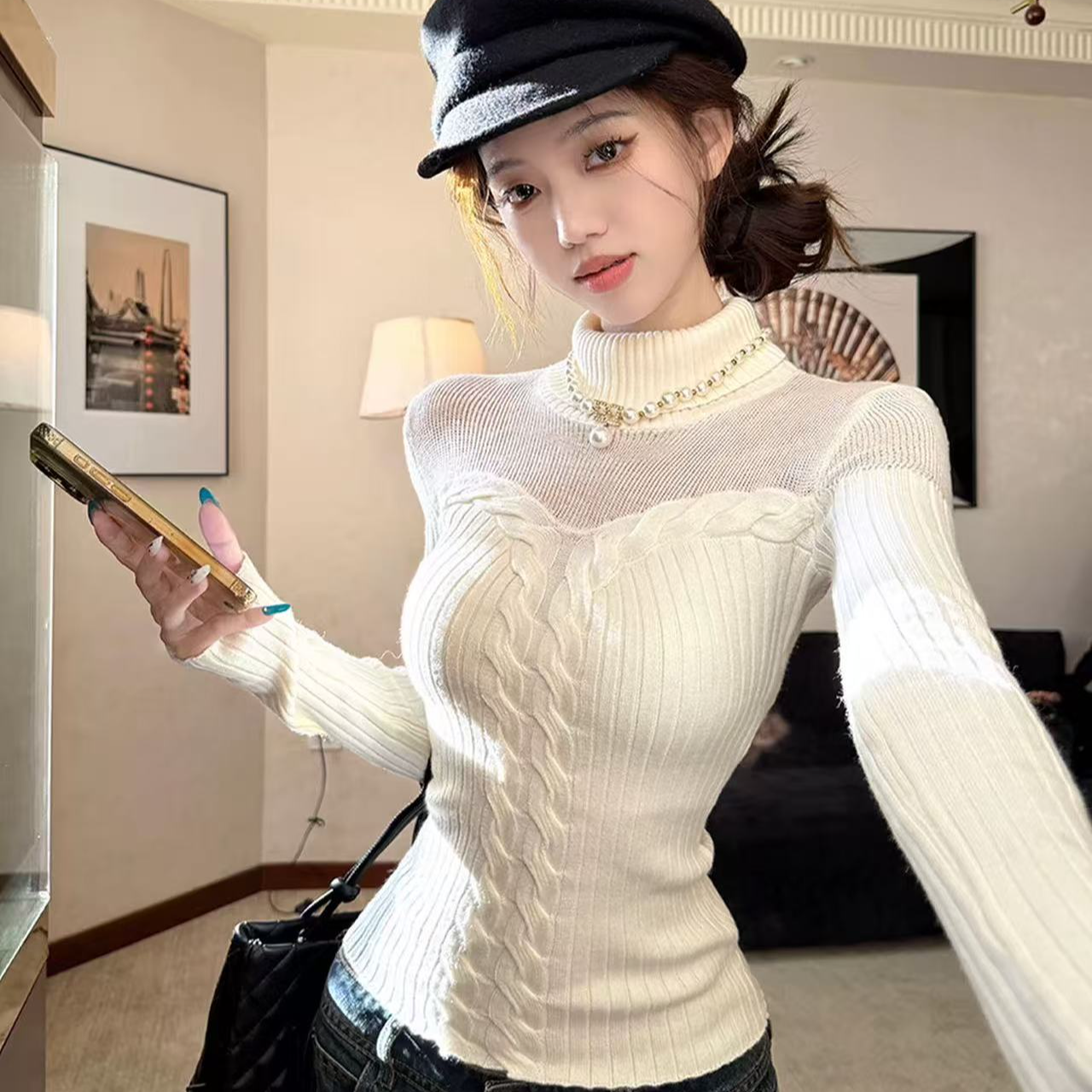 韩女纯欲氛围感翻领麻花毛衣打底-235