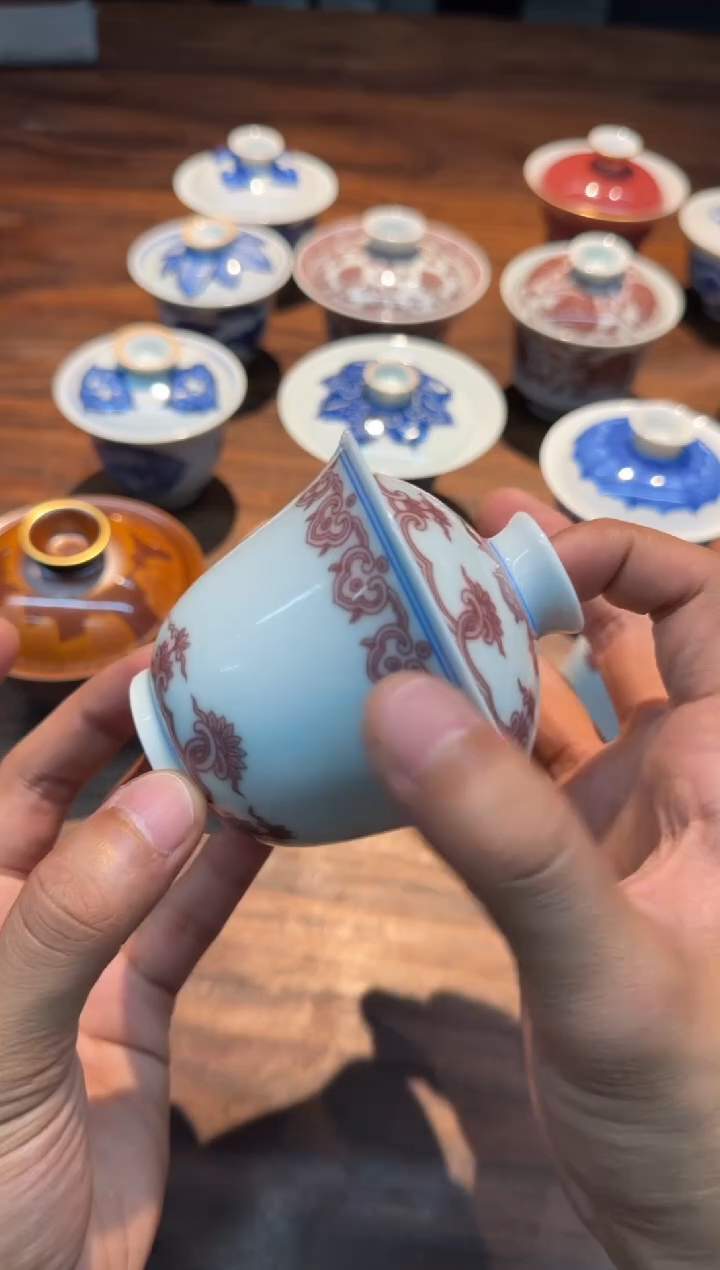 二亭 釉里红 如意忍冬纹 二才盖碗