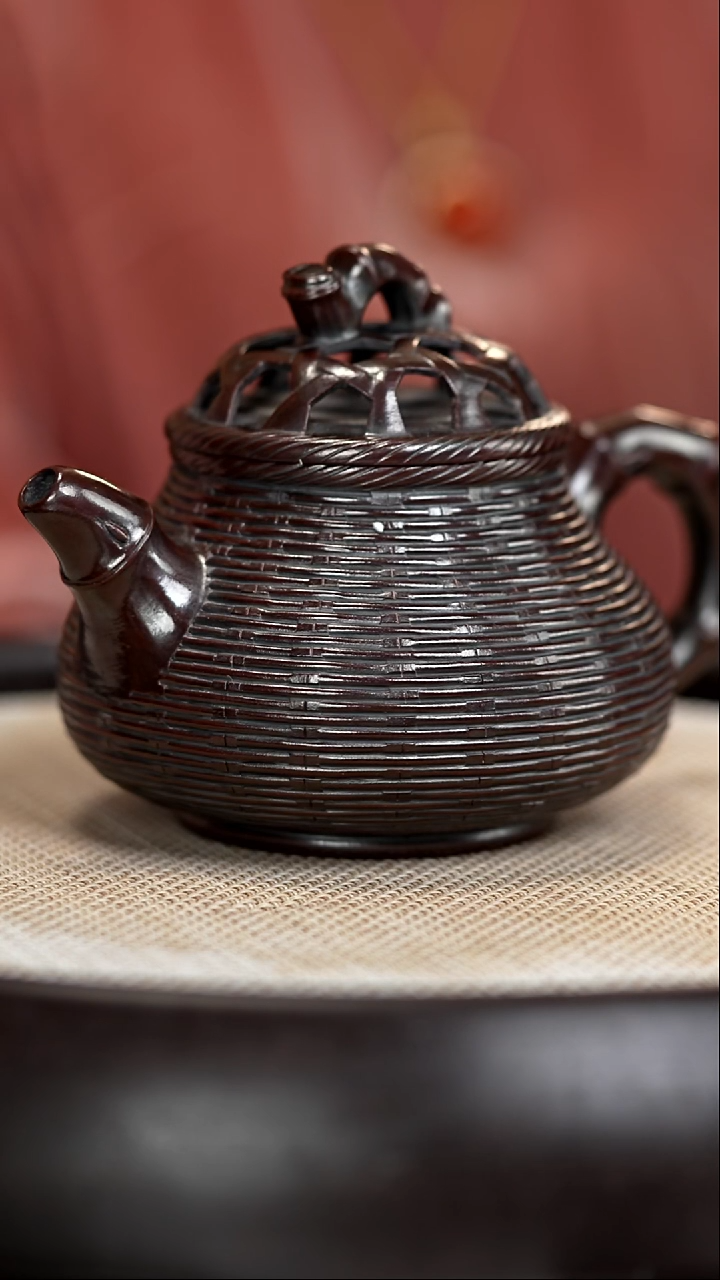 茶壶紫砂YLX59竹编潘壶龙山古乌泥280cc