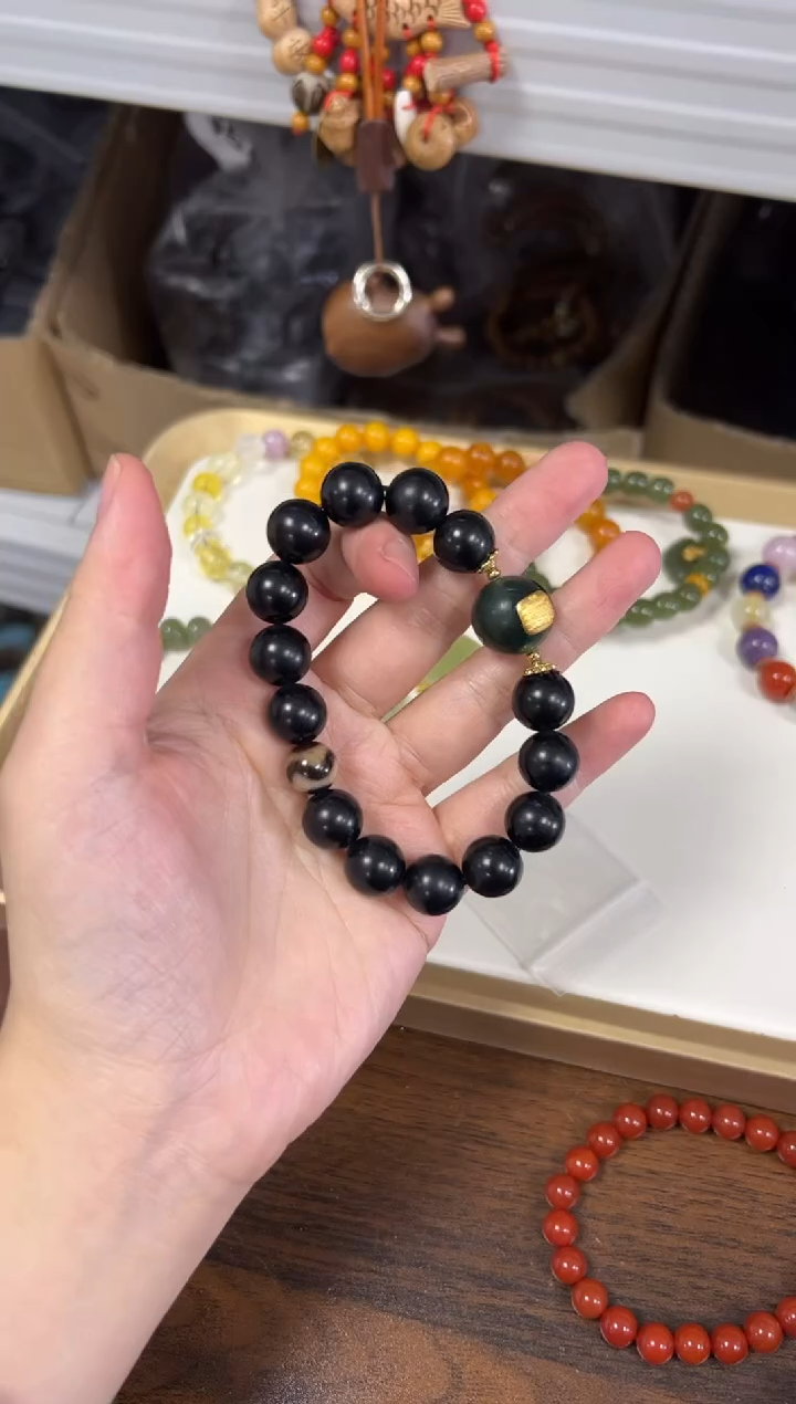 银S925镶嵌手链和田玉和田玉墨玉虎牙珠手链[1400]