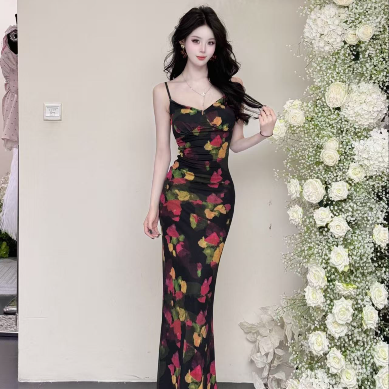 夏季高腰豹纹印花吊带无袖连衣裙开叉修身25637