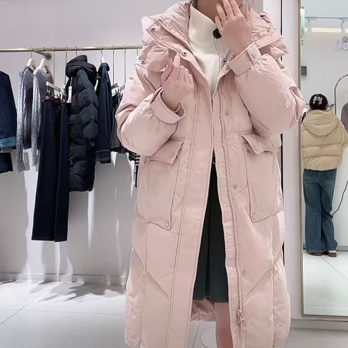 朵以2025冬季新款保暖连帽羽绒服中长款蜜桃粉