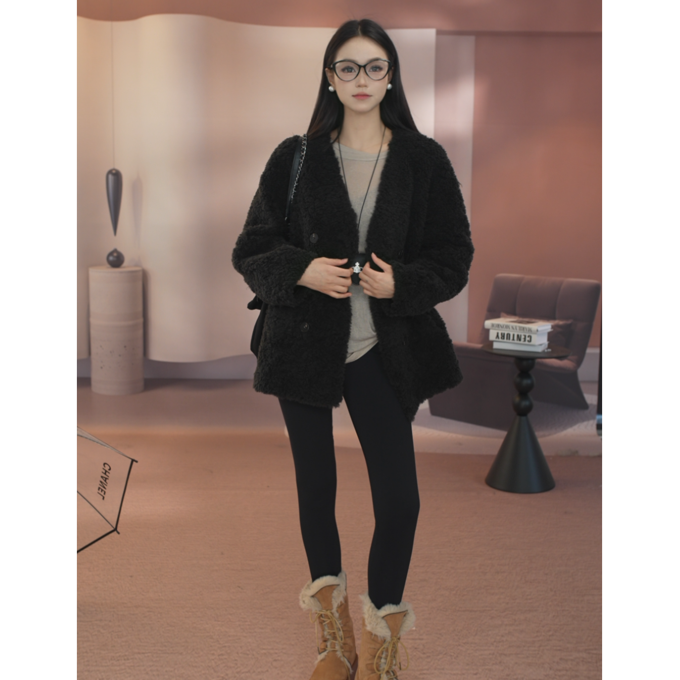 2025新款全羊毛外套时尚女中长款v领休闲百搭风外套女双排扣