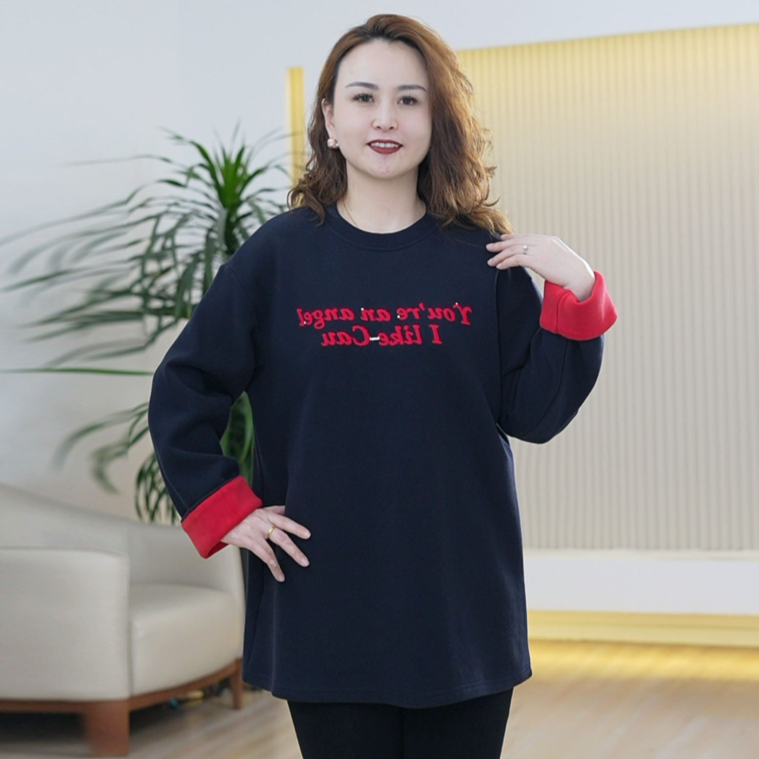 天丝羊毛双面绒中长款卫衣撞色大码韩版闪钻字母保暖秋冬季上衣女