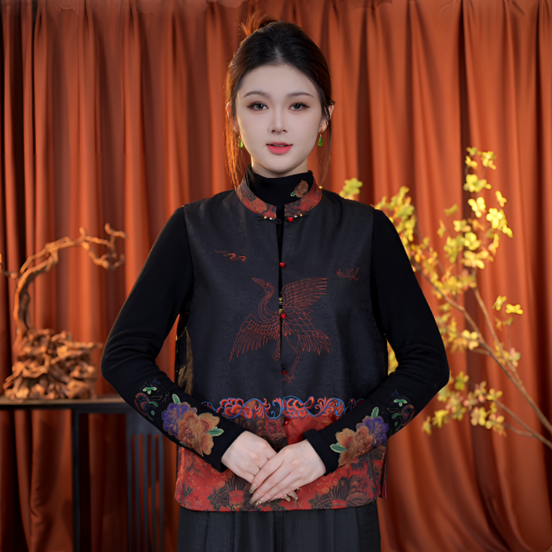 《鹤舞云霞》新中式国风鹤舞云霞高定重工刺绣双面气质马甲