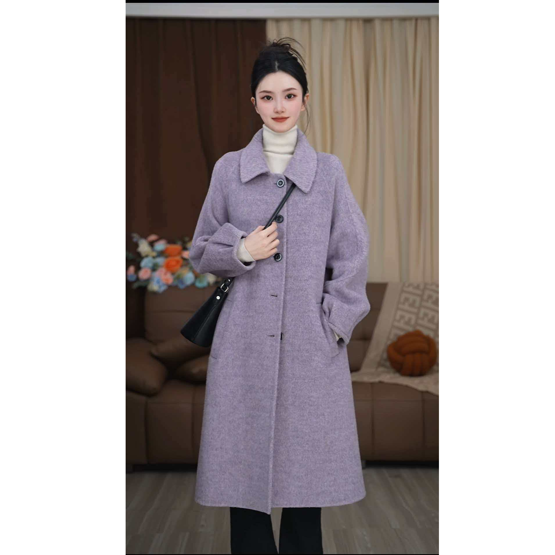 2025秋冬新品复古气质英伦风加厚保暖百搭宽松毛呢外套双面羊毛a