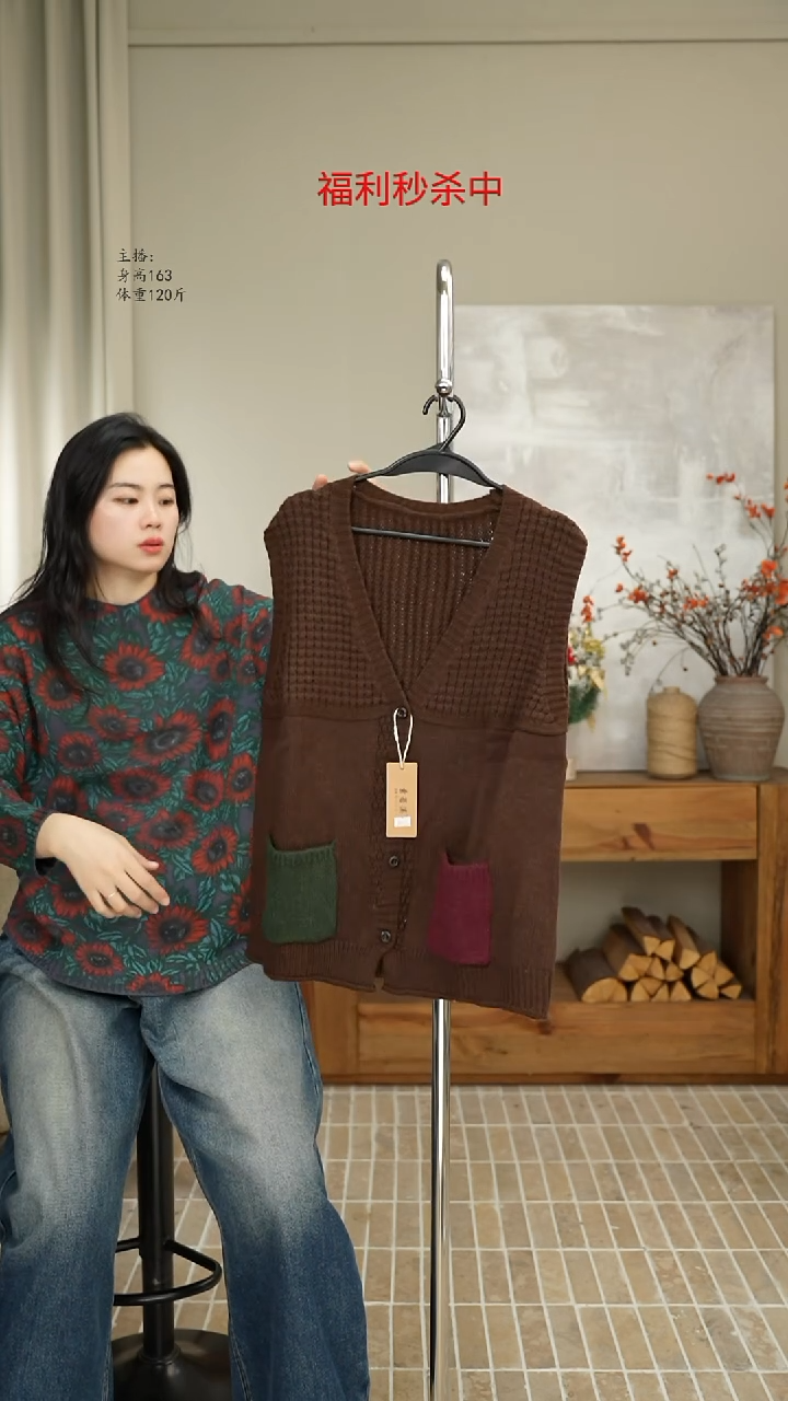 8011咖色撞色口袋针织马甲（130斤）