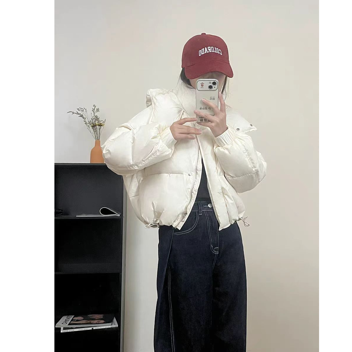 D01 欧货纯色女抽绳连帽保暖外套-衣长59