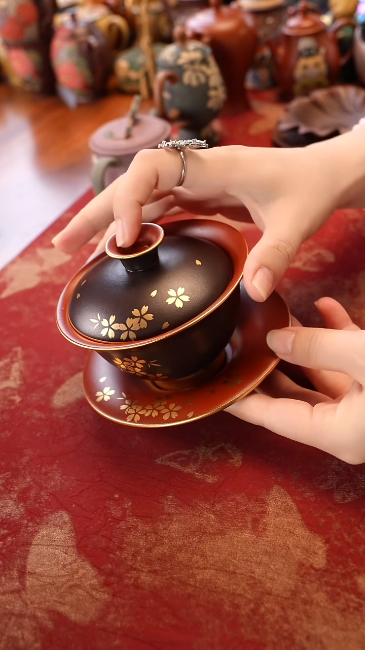 黑金三才盖碗宜兴紫砂