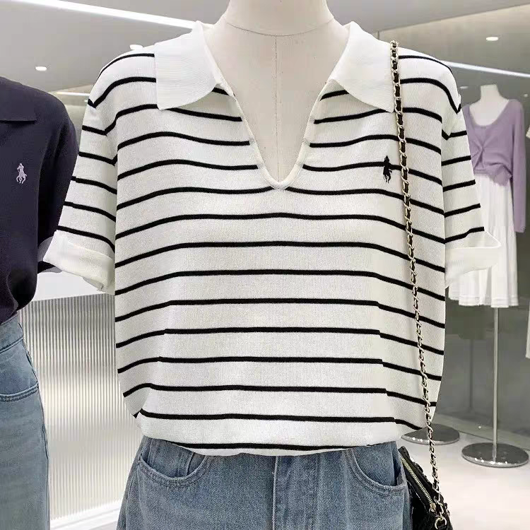 V领夏季韩版条纹骑士卷边袖针织衫短袖女